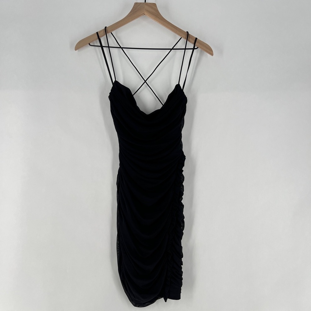 Windsor LBD Black Sheer Mesh Ruched Gathered Strappy Cowl Neck Mini Dress